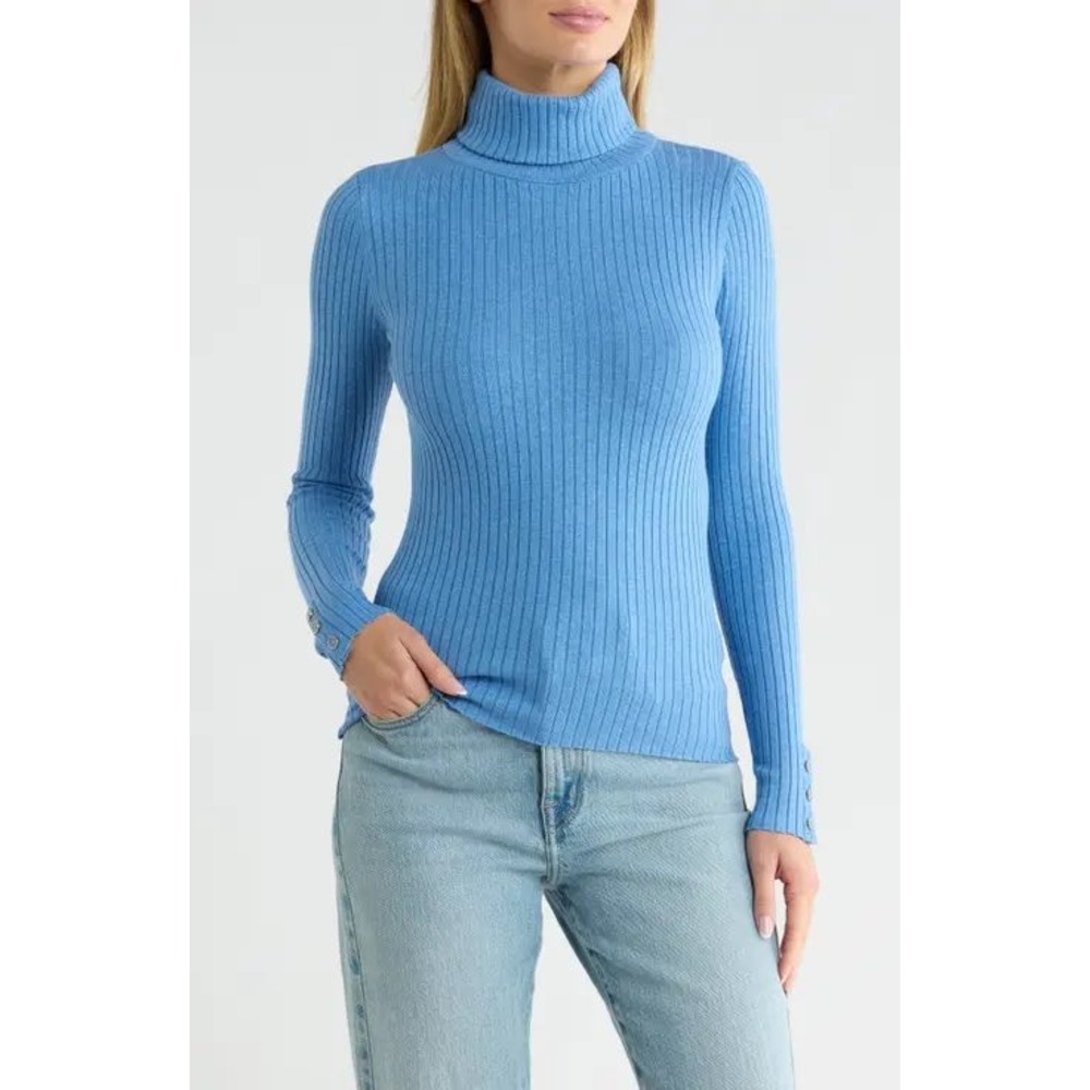 J.McLaughlin Arlette Turtleneck Ribbed Sweater Light Blue Button Cuff XL g5